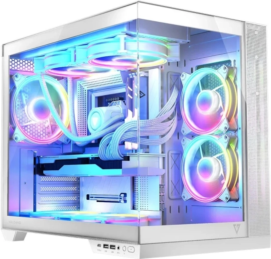 Caja de ordenador VOLCANO Panorama Apex ARGB, 7× ventiladores ARGB, blanca