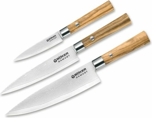 Juego de cuchillos de cocina de acero de Damasco con madera de olivo 3 piezas – Böker Manufaktur Solingen