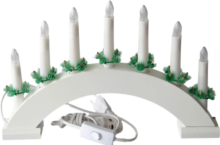 Arco eléctrico navideño con 7 velas en arco de madera blanca