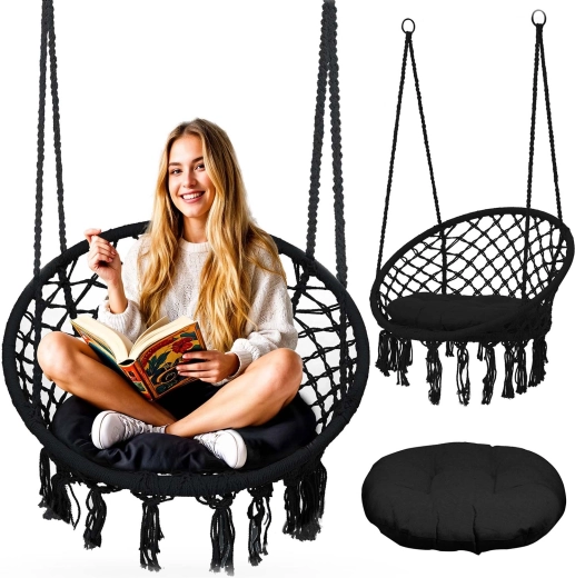 Sillón colgante boho negro con cojín