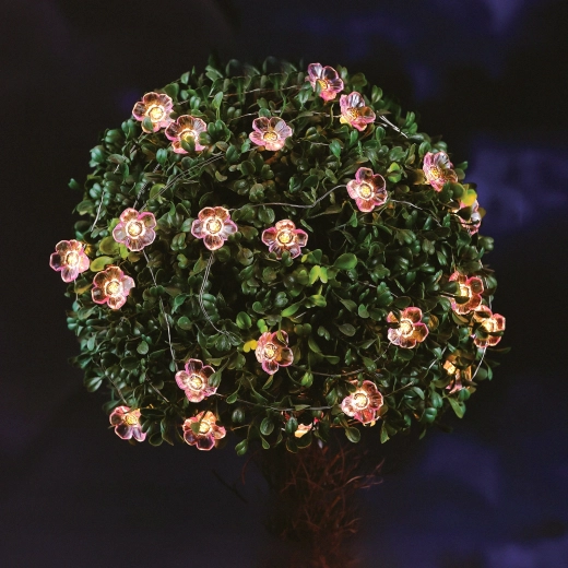 Cadena de luces solares con flores y 25 LED de luz blanca cálida, 2,4 m