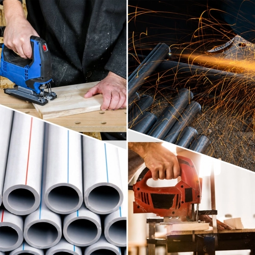 Corte de madera, plásticos y metal