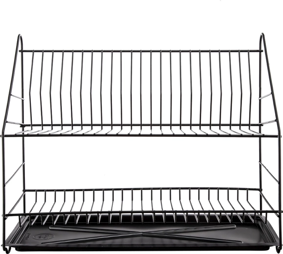 Escurridor de platos de dos niveles 50 cm, negro, con bandeja de goteo