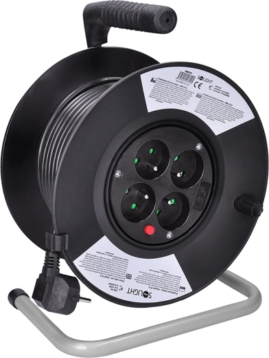 Alargador eléctrico Solight en carrete con 4 tomas, 25 m, cable negro