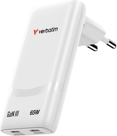 Verbatim Fold n Go cargador GaN de 65 W, 2× USB‑C (PD 3.0, PPS), blanco