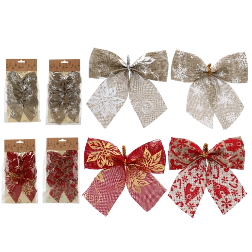 Lazos navideños 12 cm, rojo y natural, set de 3 uds.