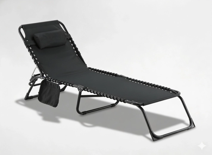 Tumbona de jardín plegable con bolsillo, negra 190 × 58 × 30 cm