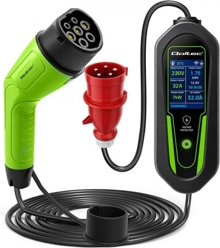 Cargador portátil para vehículos eléctricos e híbridos Qoltec Type 2, 7 kW, 230 V, CEE 32 A, Wi‑Fi