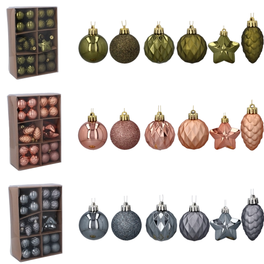 Set de adornos navideños de 47 piezas en color oliva, cobrizo y grafito (4–6 cm)