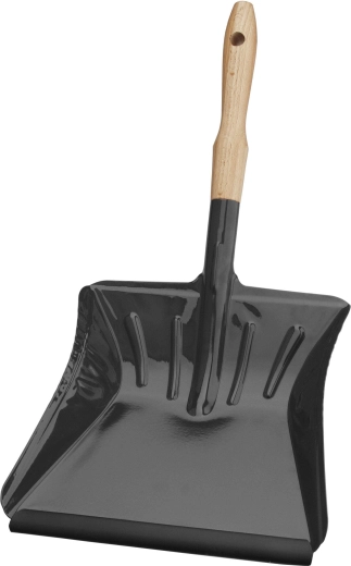 Recogedor con mango de madera y borde de plástico