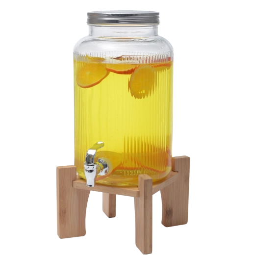 Dispensador de bebidas de vidrio 5,5 l con soporte de madera y tapa plateada