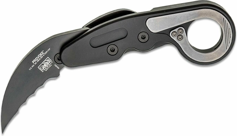 CRKT Provoke Veff Serrations navaja de bolsillo karambit de 6 cm, negra, aluminio