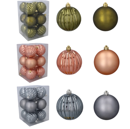 Juego de bolas navideñas de 8 cm – oliva, cobre y grafito (12 uds.)