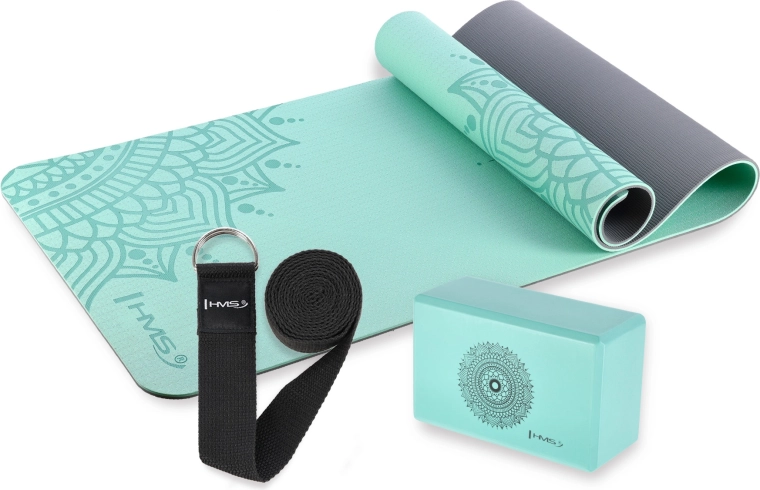 Set de yoga HMS color menta: esterilla, bloque y correa