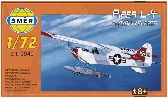 Maqueta Piper L-4 con flotadores a escala 1:72, 14,7 x 9,3 cm, en caja de 25 x 14,5 x 4,5 cm