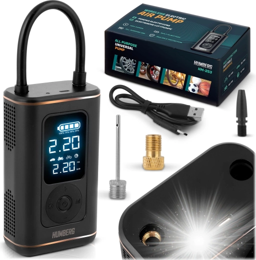 Mini compresor inalámbrico HUMBERG con manómetro digital y luz LED