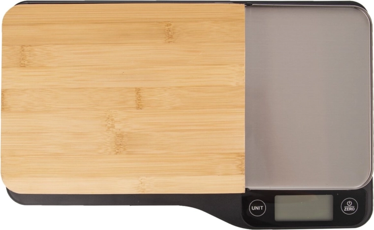 Báscula de cocina digital con superficie de bambú y tabla de cortar