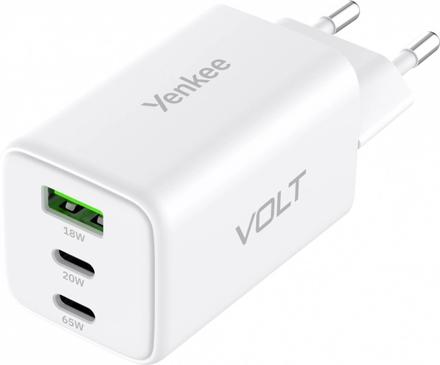 Cargador de pared VOLT 65 W GaN, 3× USB (2× USB‑C + 1× USB‑A) con Power Delivery 3.0 y QC 4.0