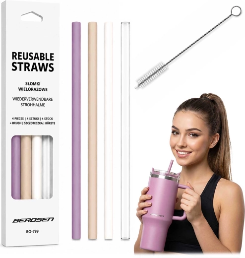 Pajita de plástico reutilizable Berdsen para taza – set de 4 uds + cepillo de limpieza