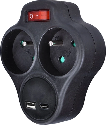 Regleta Solight con cargador rápido USB-A y USB-C de 20 W PD, 2 tomas, negra con interruptor
