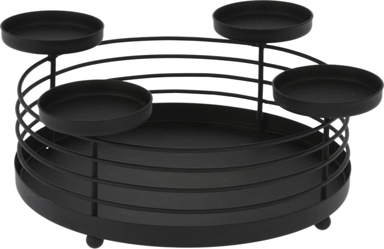 Candelabro redondo metálico para 4 velas, negro, diámetro 32 cm