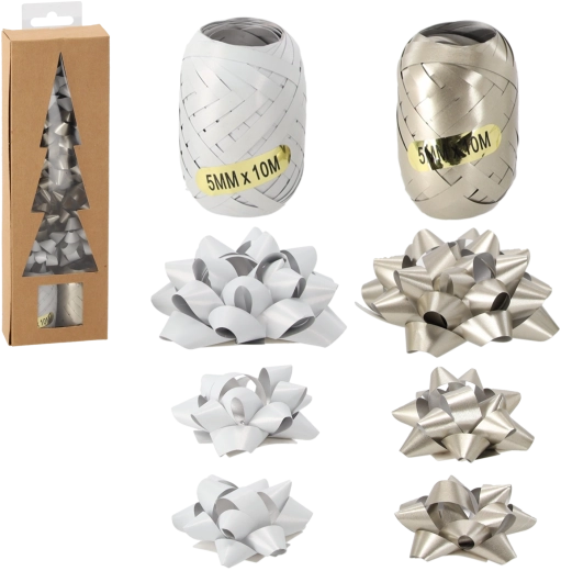 Set navideño para envolver regalos – plateado/blanco (2 cintas + 7 lazos)