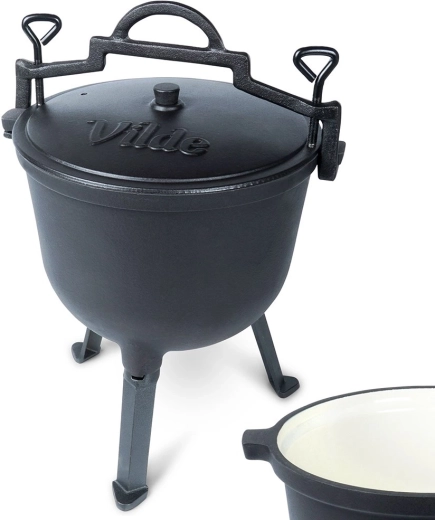 Caldero de hierro fundido con tapa sobre patas 10 l con interior esmaltado