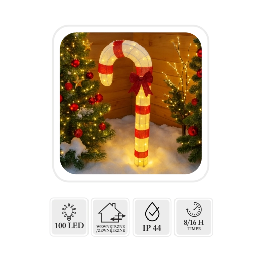 Bastón de caramelo navideño LED 1,2 m, 100 LED, blanco cálido, para interior y exterior