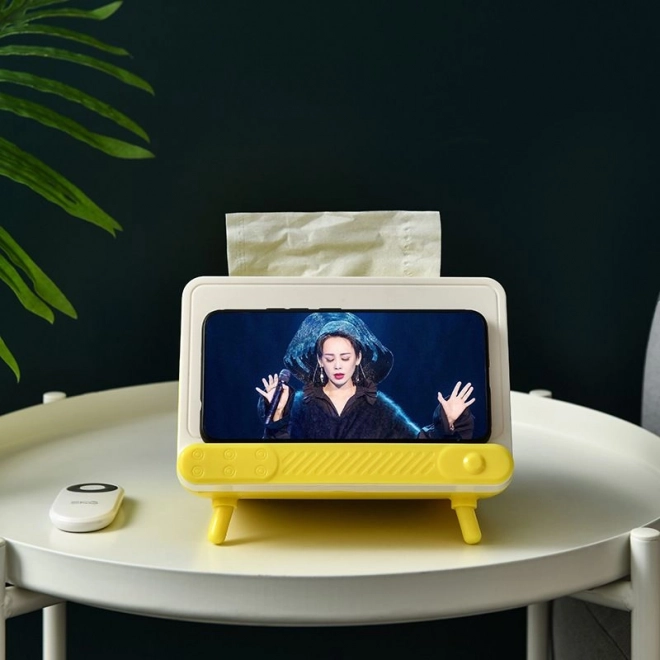 Caja para pañuelos de papel con soporte para teléfono estilo TV retro – amarilla