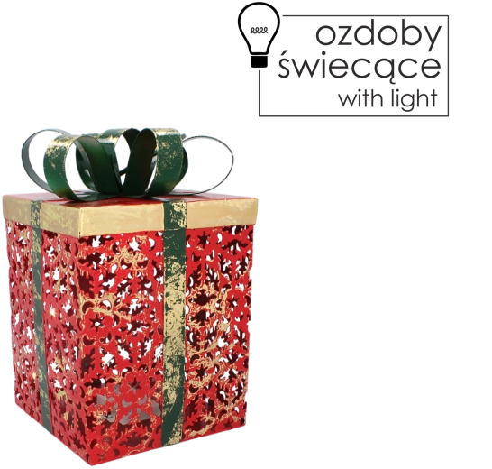 Caja de regalo navideña metálica con iluminación LED, roja con lazo verde, 16 × 16 × 26 cm