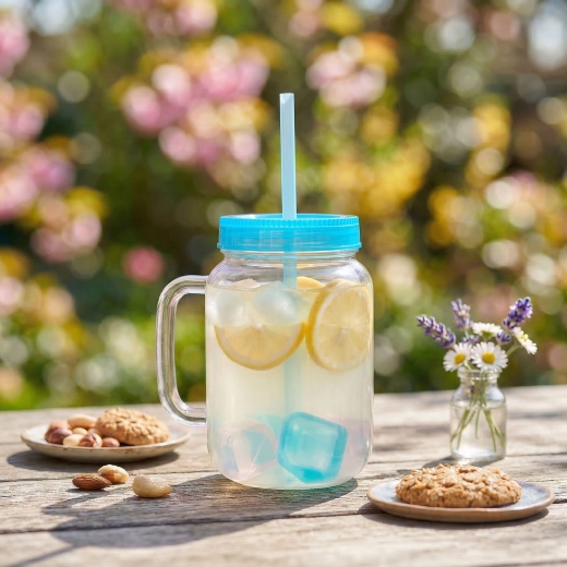 Vaso azul con pajita y cubitos de hielo, 550 ml