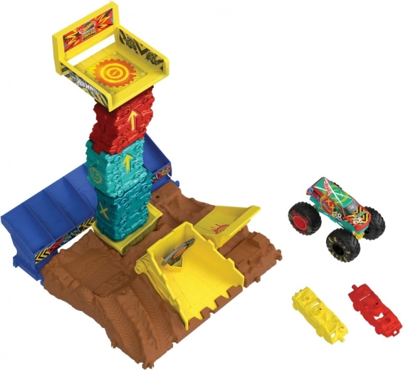Monster truck y coches aplastados en el paquete