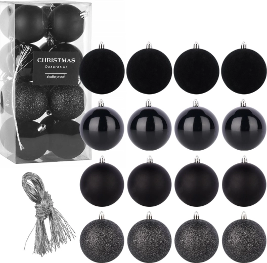 Bolas navideñas negras irrompibles de 6 cm, set de 16 uds.