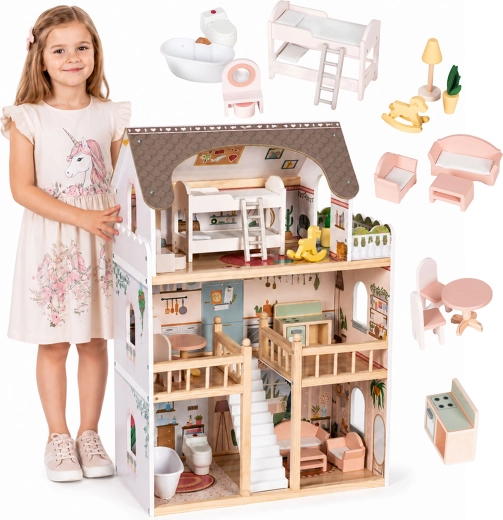 Ecotoys casa de muñecas de madera Laura con 3 plantas y 15 piezas de mobiliario
