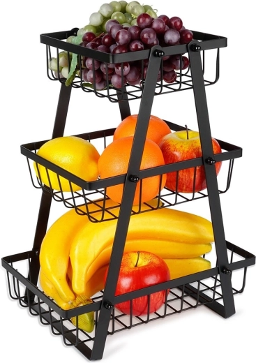 Soporte metálico de 3 niveles para fruta, negro