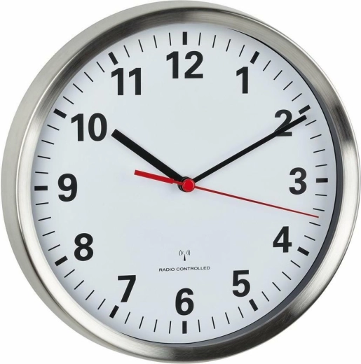 Reloj de pared analógico TFA controlado por radio con marco de acero inoxidable