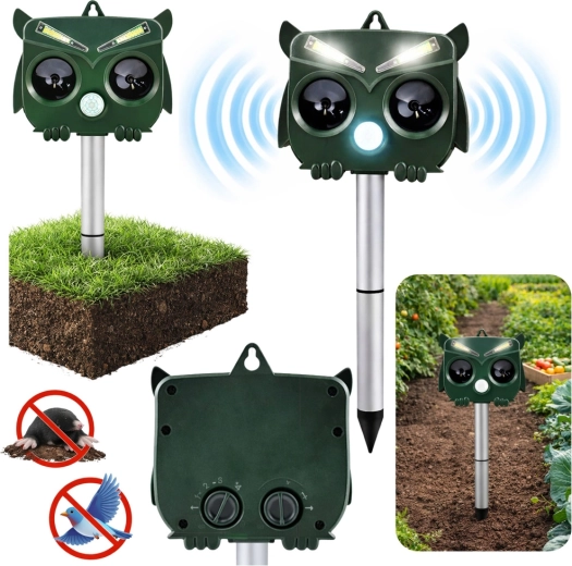 repelente ultrasónico solar de animales con forma de búho con sensor PIR y LED