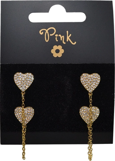 Pendientes colgantes chapados en oro con doble corazón y circonitas