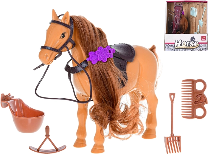 Caballo de plástico de 17 cm con accesorios para el cuidado y la equitación