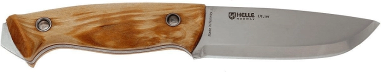 Cuchillo outdoor Helle Utvær 10 cm, abedul rizado, funda de cuero