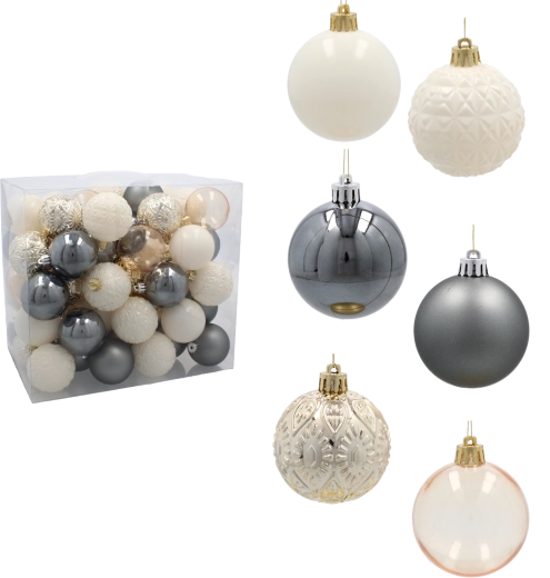 Set de bolas navideñas de 6 cm – champán, gris y blanco (66 uds)