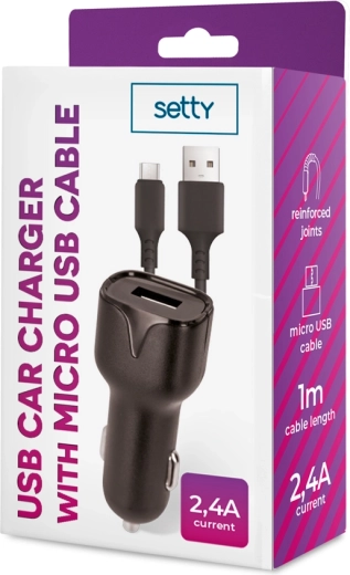 Cargador de coche Setty 2,4 A con cable microUSB de 1 m, negro