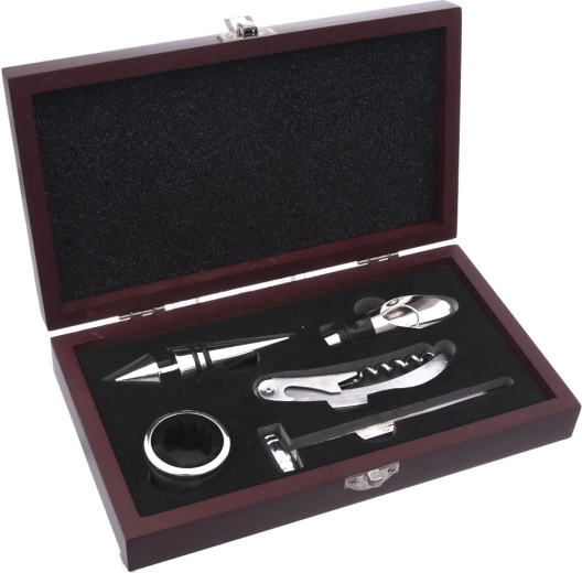 Set de accesorios para vino en caja de madera, 5 piezas