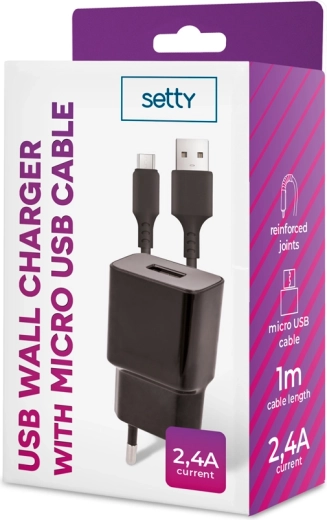 Cargador Setty 2,4 A con cable microUSB de 1 m, negro