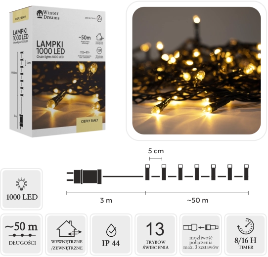 Guirnalda de luces LED con 1000 diodos, blanco cálido, 50 m