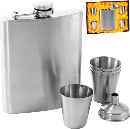 Petaca de acero con embudo y cuatro vasos de chupito, 210 ml