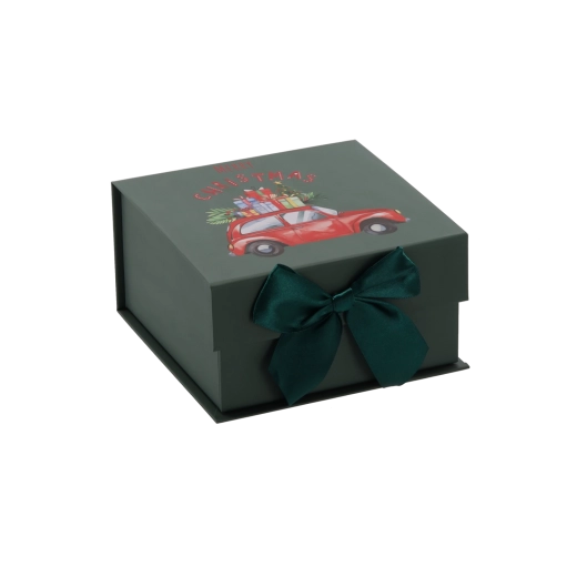 Caja de regalo navideña con cochecito y lazo verde - 1 unidad
