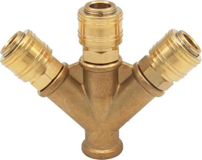 Derivación triple de latón con rosca interna 3/8" y tres conectores rápidos