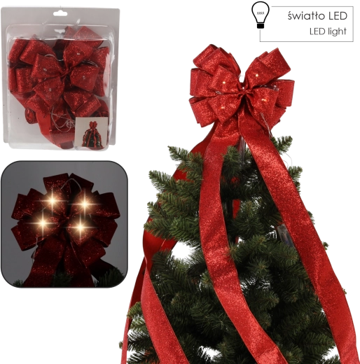 Lazo navideño para la punta del árbol con iluminación LED, rojo, 2,1 m
