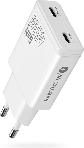 Cargador de red everActive Super Slim GaN de 45 W con 2× USB-C (SC-465Q)